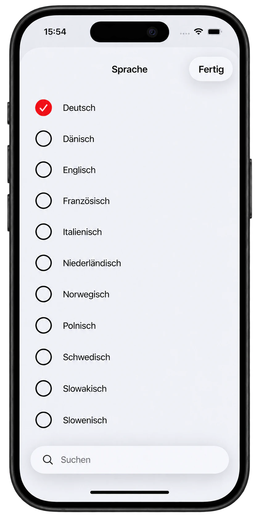 Sprachauswahl mit den unterstützten Sprachen